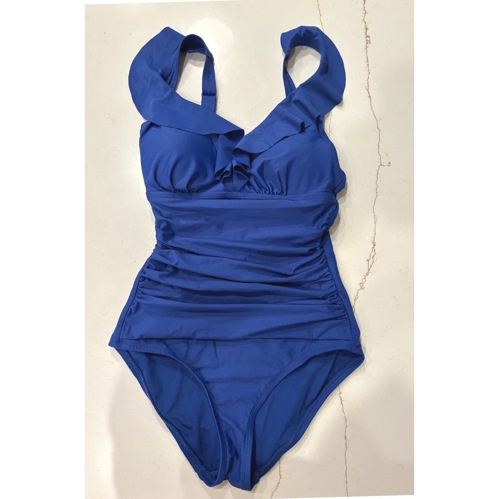 NWT SIZE XS DKNY One‎ Piece Swimsuit Women Blue Ruffle Tummy Control 1943727 - Picture 3 of 9